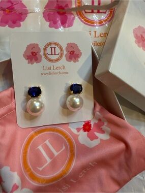 Lisi Lerch Sapphire and Pearl Post Earrings NWT
